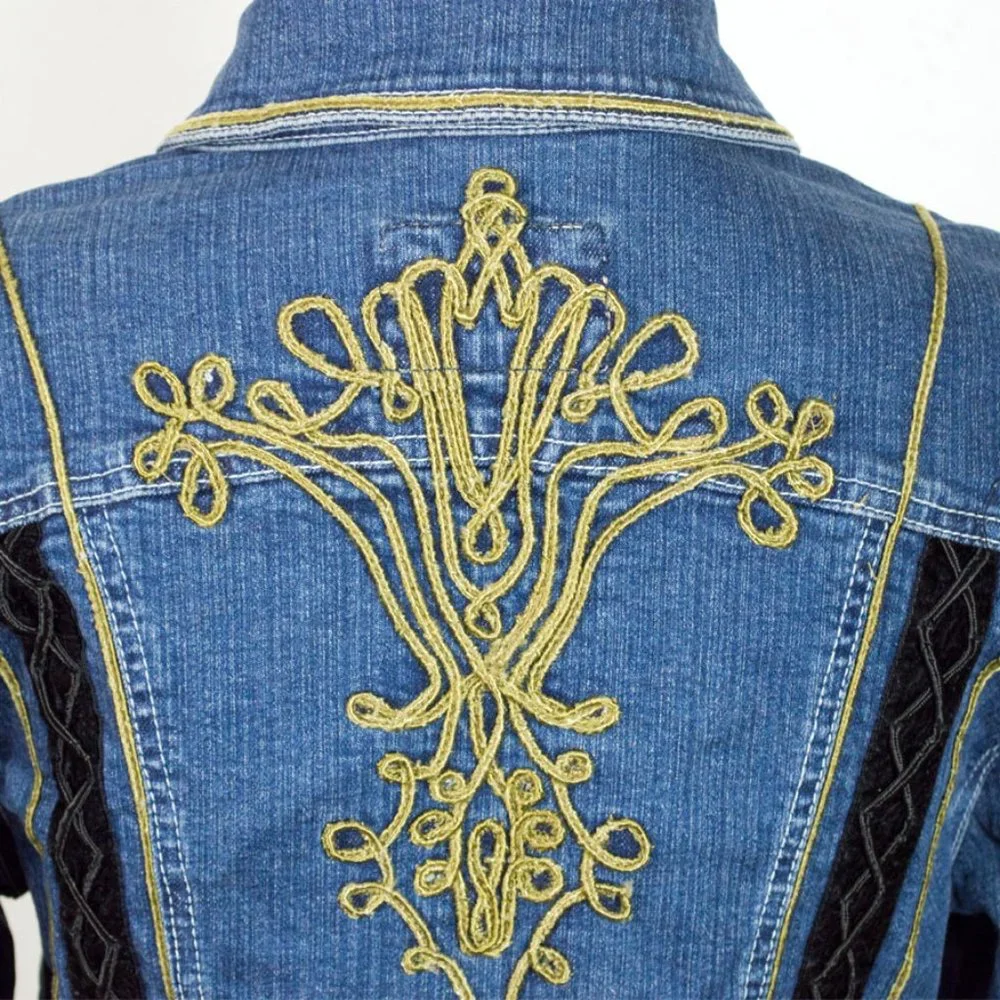 LIVE A LITTLE Blue Embroidery Embellished Long Sleeve Jean Jacket M - Picture 8 of 13